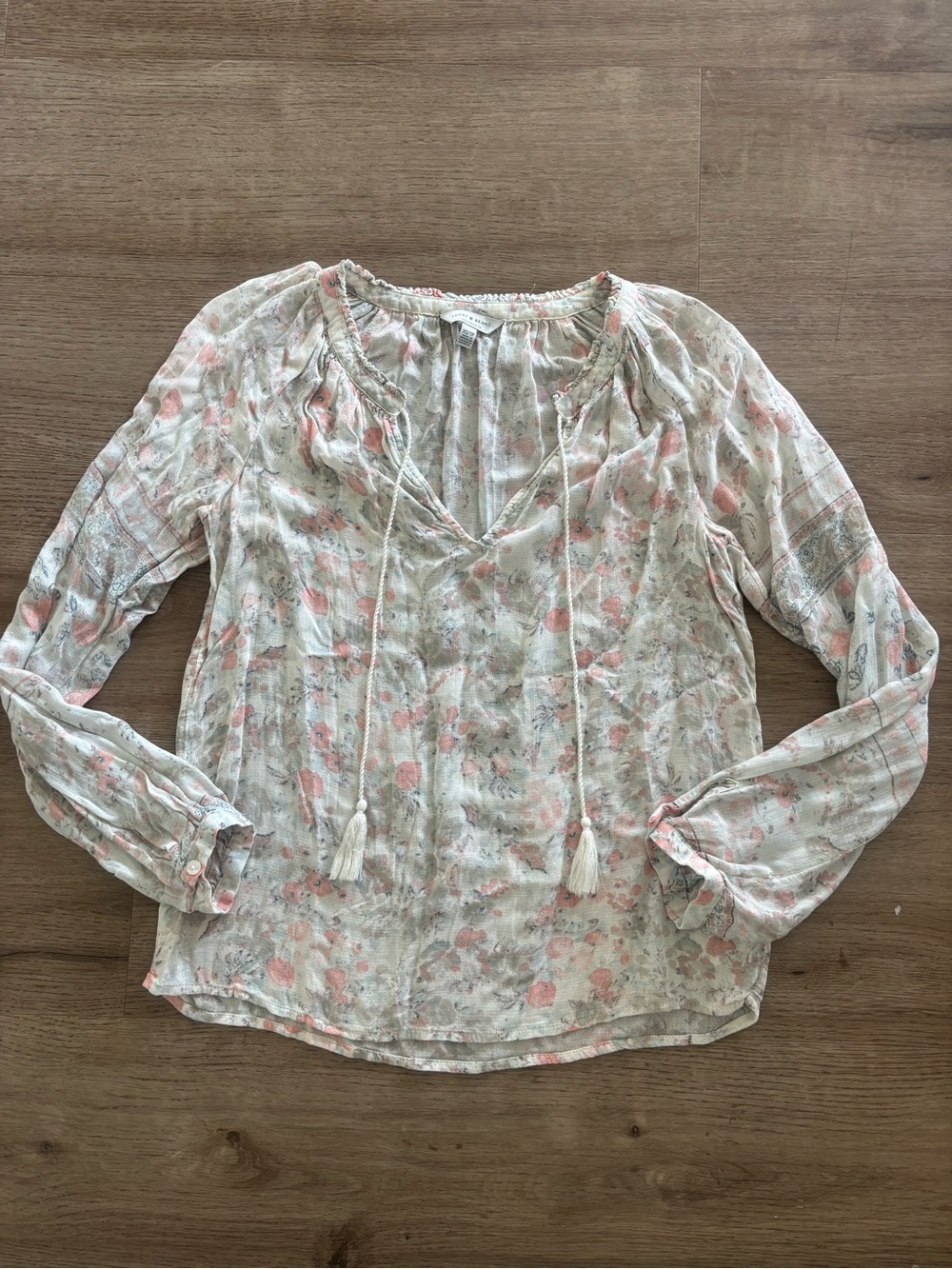 Lucky Brand Women’s Boho Floral Print Split Neck Tassel Long Sleeve Blouse Sz XS